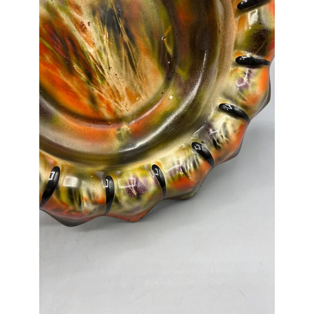 Vintage‎ Ceramic Art Pottery Scalloped Bowl Orange Green Drip Glaze 9.5